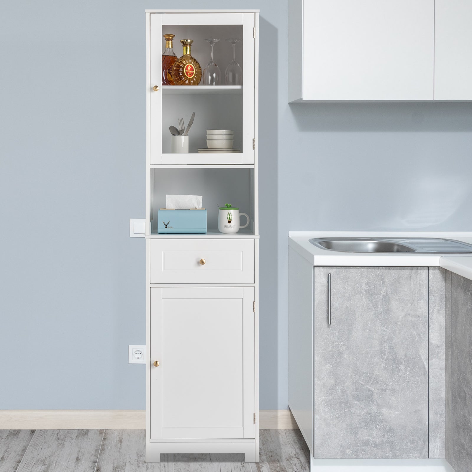 HAOYYE Modern Up And Down Bathroom Cabinet With 2 Doors 1 Drawer And 1 Shelf, Space-Saving Household Storage Bookcase, White Finish, Durable And Stylish For Bathroom Organization