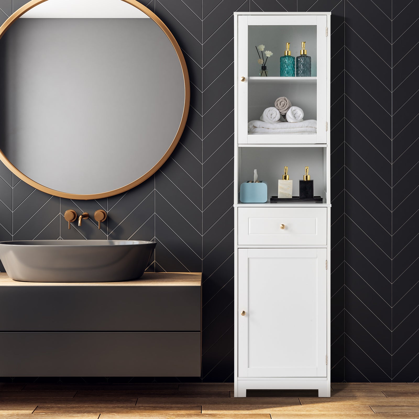 HAOYYE Modern Up And Down Bathroom Cabinet With 2 Doors 1 Drawer And 1 Shelf, Space-Saving Household Storage Bookcase, White Finish, Durable And Stylish For Bathroom Organization