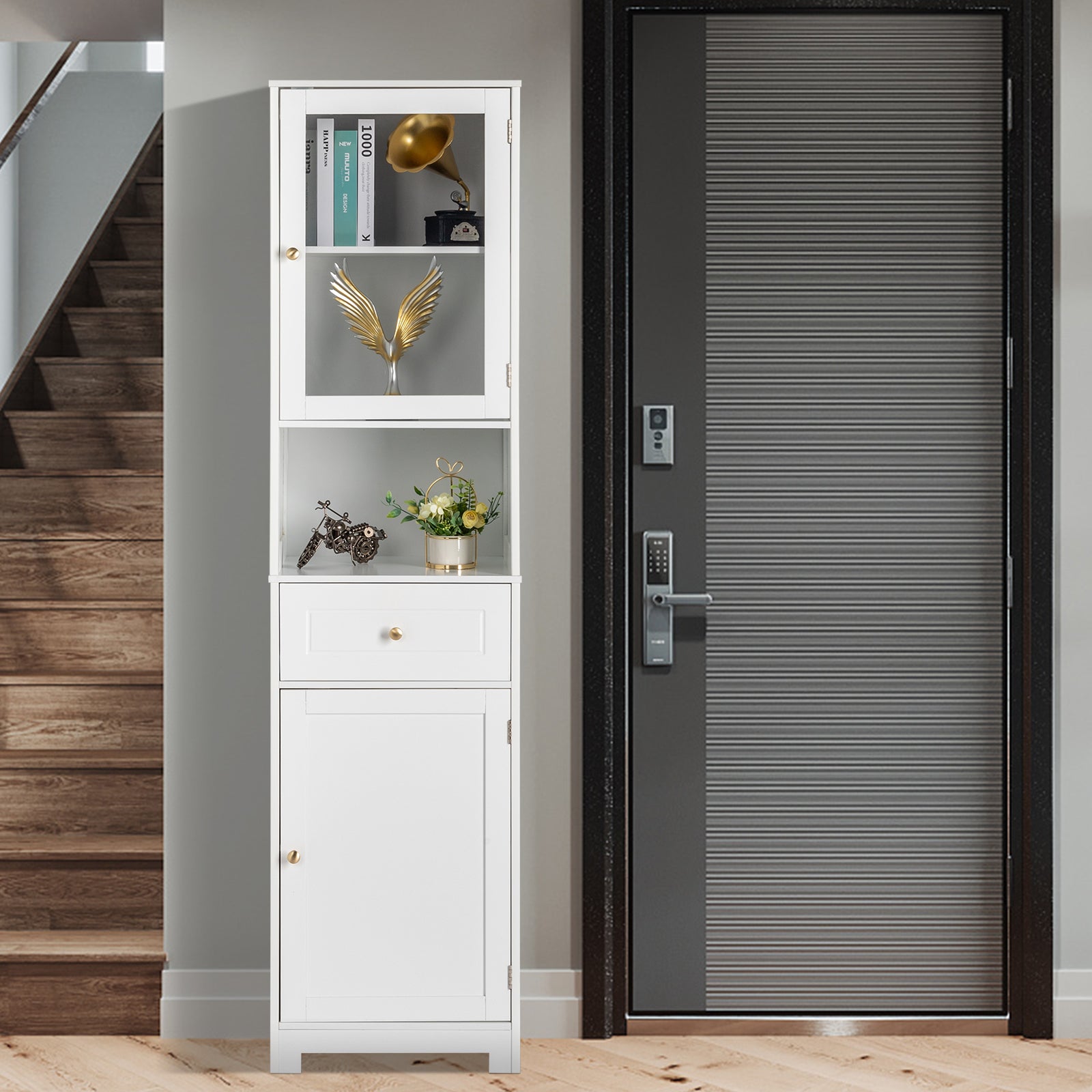 HAOYYE Modern Up And Down Bathroom Cabinet With 2 Doors 1 Drawer And 1 Shelf, Space-Saving Household Storage Bookcase, White Finish, Durable And Stylish For Bathroom Organization