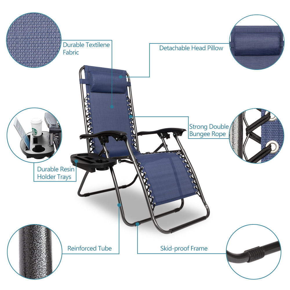 Infinity Zero Gravity Chair Pack 2, Outdoor Lounge Patio Chairs with Pillow and Utility Tray Adjustable Folding Recliner for Deck,Patio,Beach,Yard, Blue