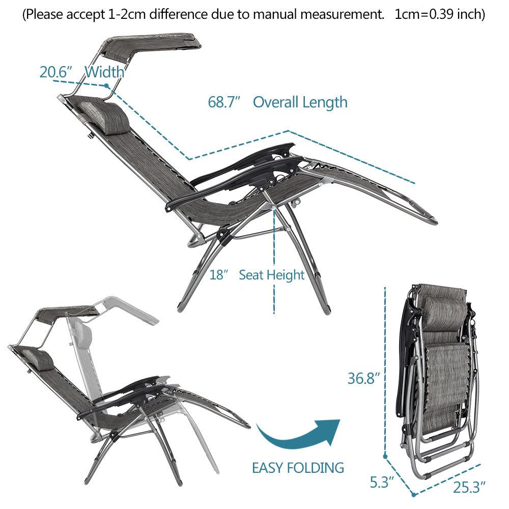 HAOYYE Infinity Zero Gravity Chair with Awning, Adjustable Folding Recliner for Outdoor Lounge, Patio, Deck, Beach, and Yard, with Pillow and Utility Tray