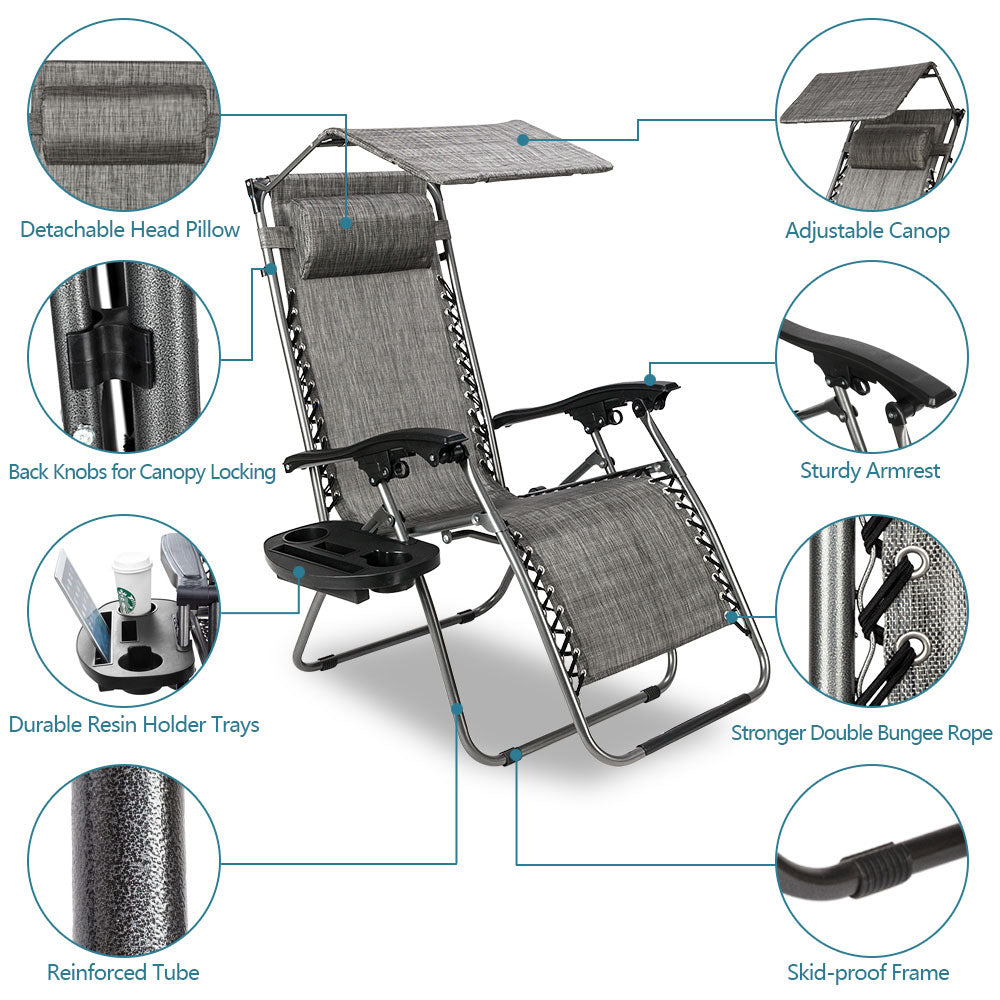 HAOYYE Infinity Zero Gravity Chair with Awning, Adjustable Folding Recliner for Outdoor Lounge, Patio, Deck, Beach, and Yard, with Pillow and Utility Tray