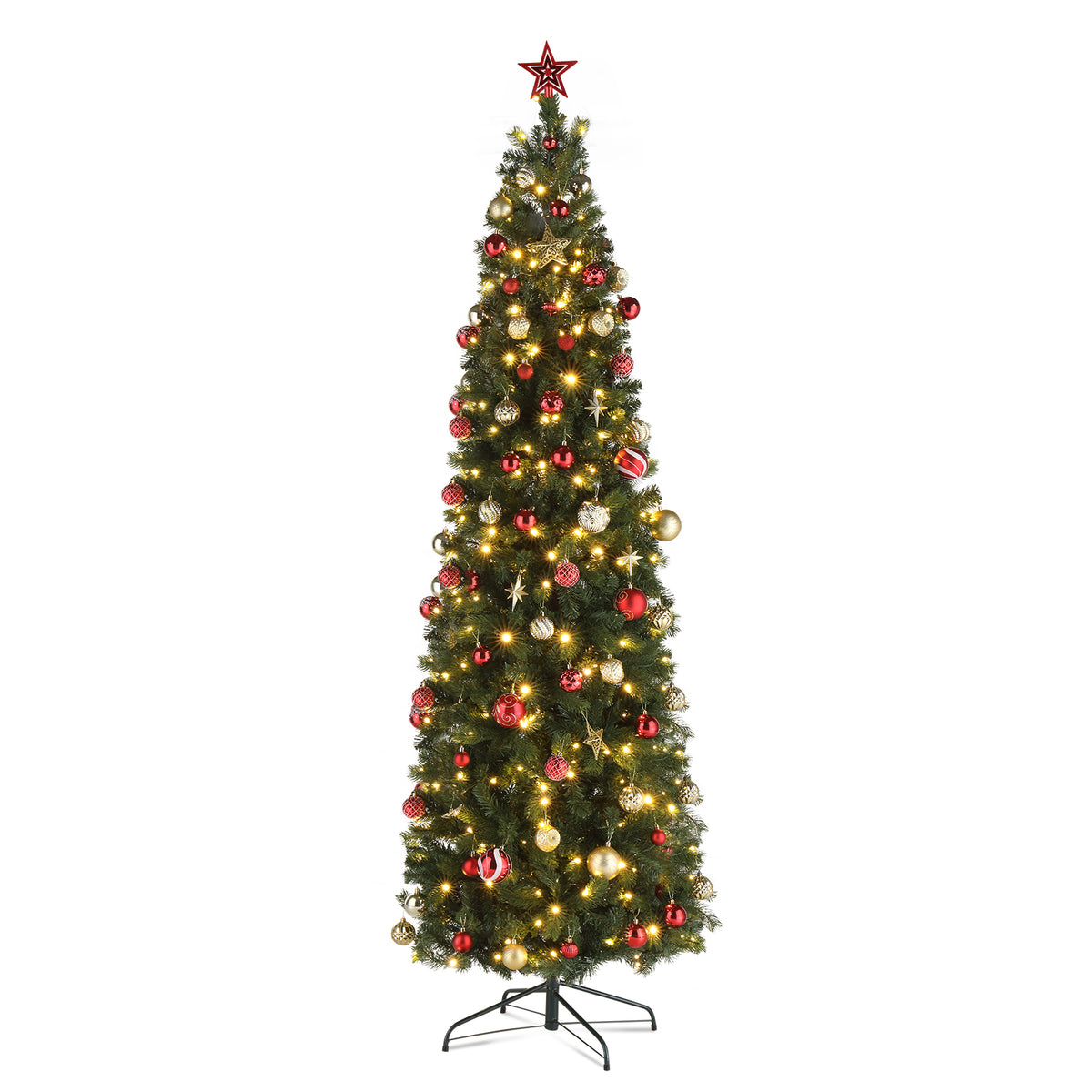 HAOYYE 7.5ft Pencil Shape Christmas Tree with Automatic Tree Structure, PVC Material, 1090 Round Heads, 350 Warm LED Lights, 10 Colorful Light Modes for Holiday and Home Decoration, Green Holiday Tree
