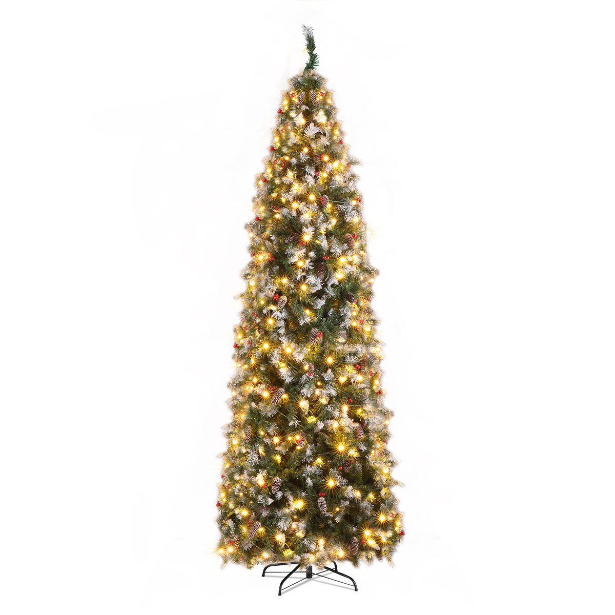 HAOYYE Green Artificial Christmas Tree 9FT Automatic Pointed Pencil Shape with 1298 PVC Branches, 460 Warm LED Lights, 8 Modes with Remote Control, 91 Pine Cones and 91 Berries, Sturdy Iron Base, Easy Assembly for Home and Office Holiday Decorations