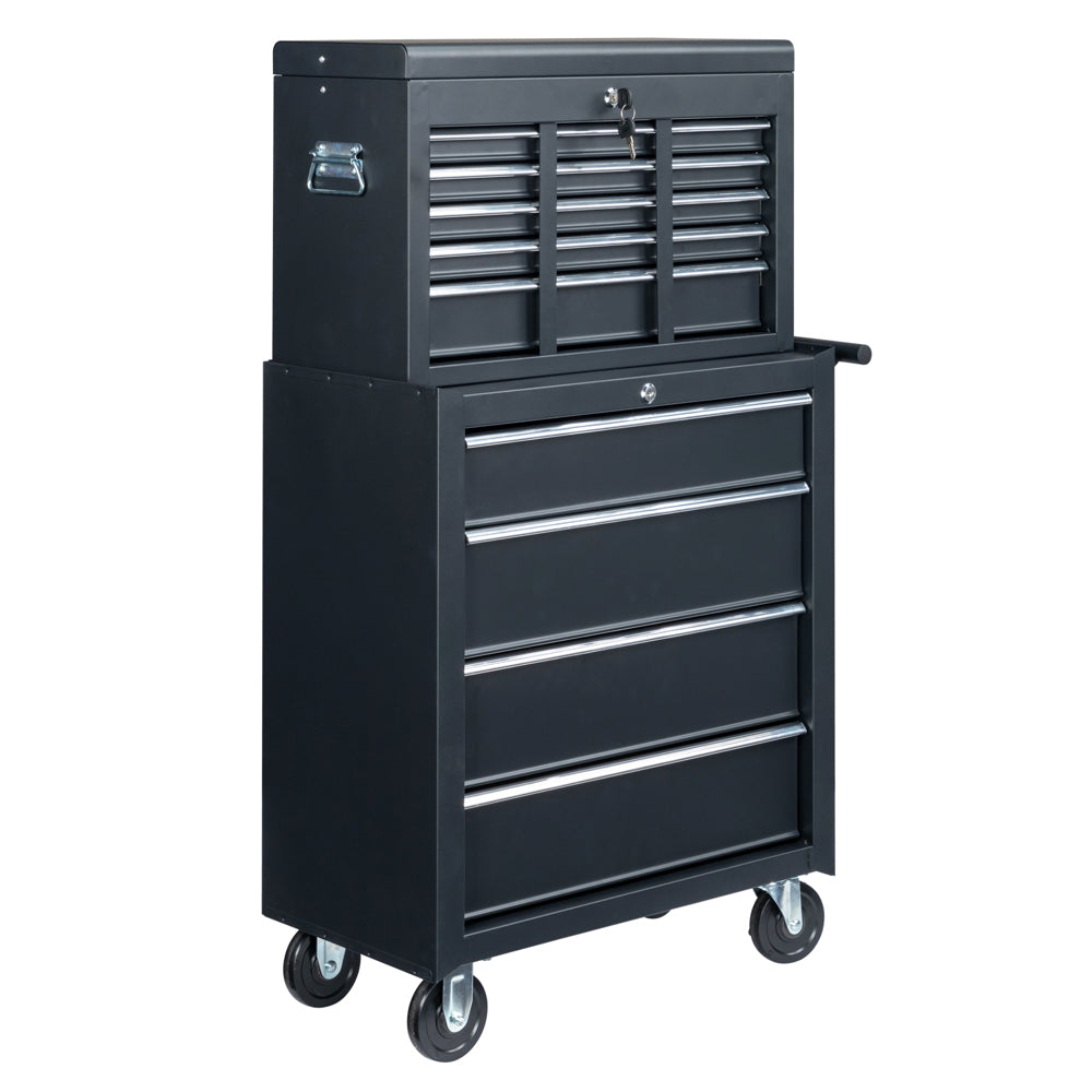 HAOYYE Black Steel Tool Box Heavy Duty Portable Metal Toolbox with Lock and Handle Durable Storage Organizer for Garage Workshop Truck Car Repair Home Construction Use