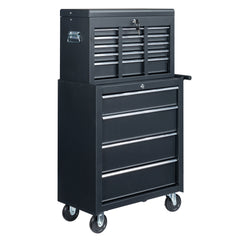 HAOYYE Black Steel Tool Box Heavy Duty Portable Metal Toolbox with Lock and Handle Durable Storage Organizer for Garage Workshop Truck Car Repair Home Construction Use