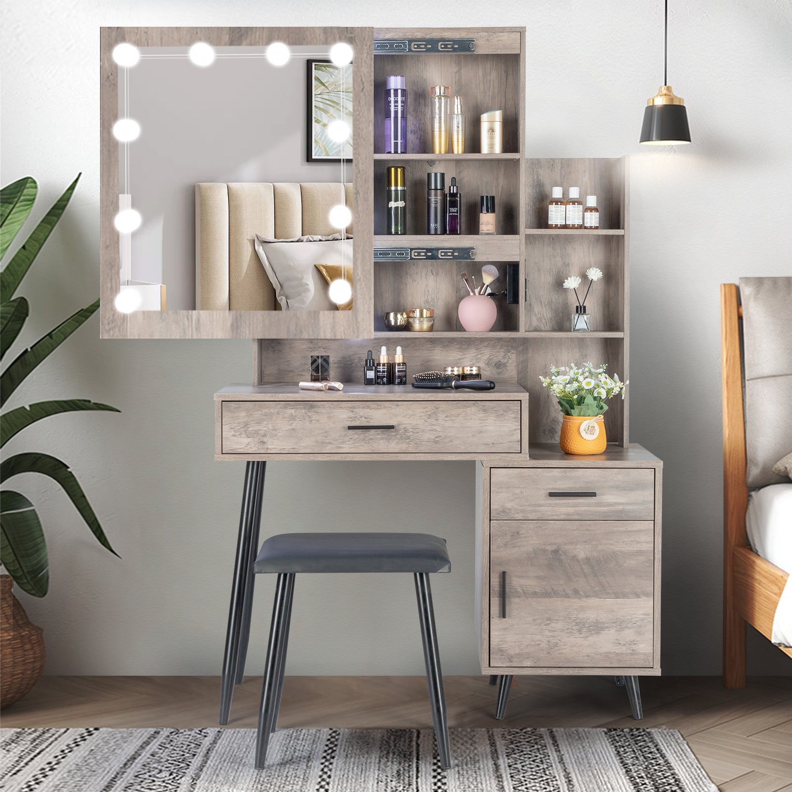 HAOYYE Modern Gray Vanity Table Set with Mirror Cabinet 2 Drawers 1 Door and 2 Storage Shelves Triamine Veneer Surface Iron Legs and 3 Light Bulbs Stylish Dressing Table for Bedroom and Makeup Room