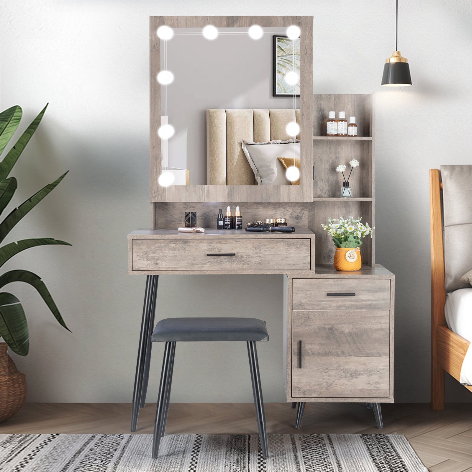 HAOYYE Modern Gray Vanity Table Set with Mirror Cabinet 2 Drawers 1 Door and 2 Storage Shelves Triamine Veneer Surface Iron Legs and 3 Light Bulbs Stylish Dressing Table for Bedroom and Makeup Room