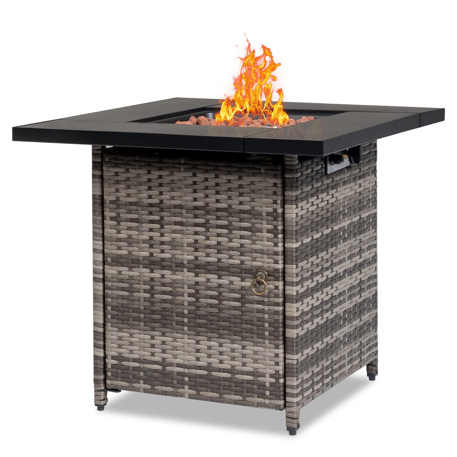 HAOYYE 28-Inch Gas Fire Table with 50000 BTU Output, Modern Black Firepit Featuring Volcanic Stone, Durable Outdoor Patio Heater for Cozy Gatherings and Stylish Backyard Ambiance