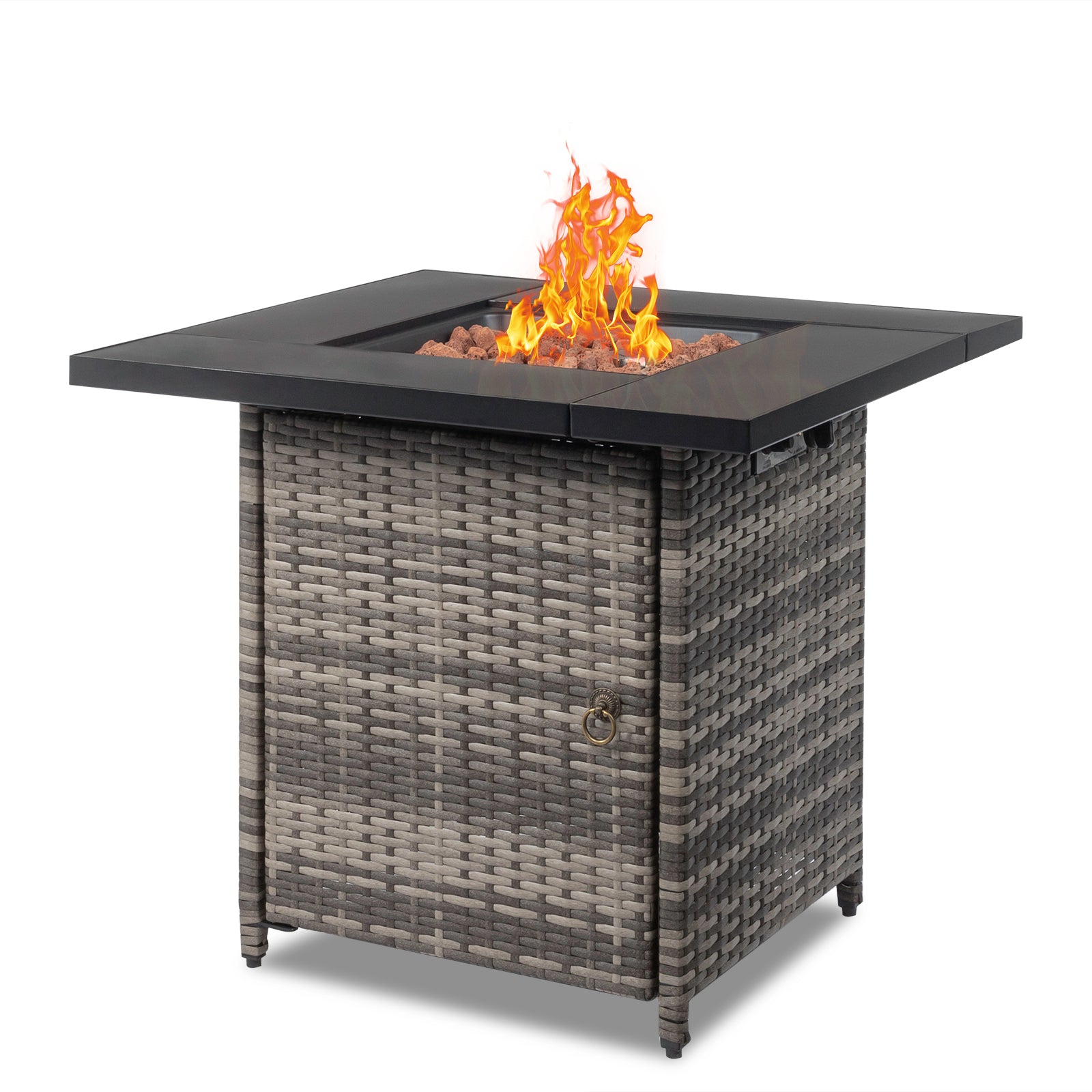HAOYYE 28-Inch Gas Fire Table with 50000 BTU Output, Modern Black Firepit Featuring Volcanic Stone, Durable Outdoor Patio Heater for Cozy Gatherings and Stylish Backyard Ambiance