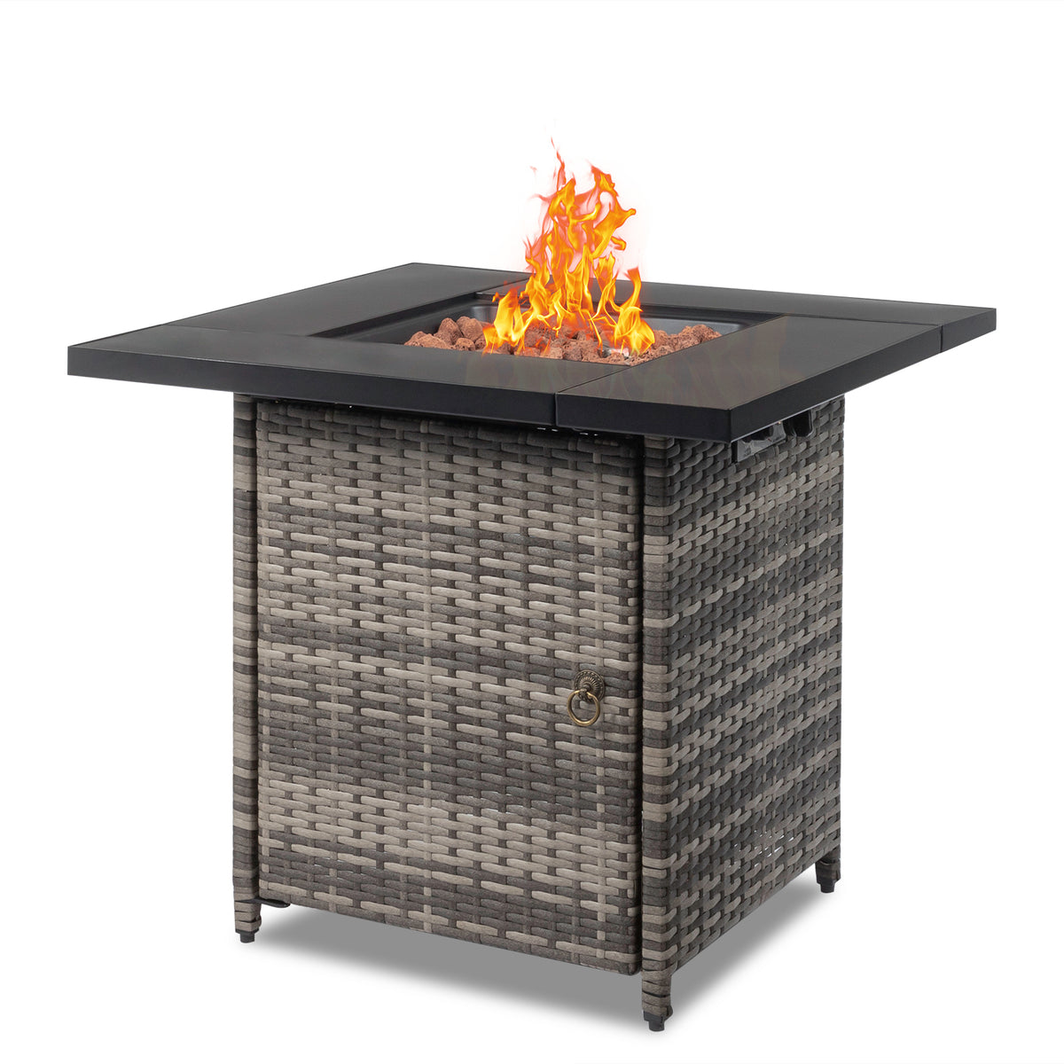 HAOYYE 28-Inch Gas Fire Table with 50000 BTU Output, Modern Black Firepit Featuring Volcanic Stone, Durable Outdoor Patio Heater for Cozy Gatherings and Stylish Backyard Ambiance