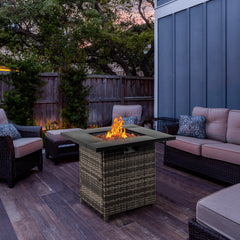 HAOYYE 28-Inch Gas Fire Table with 50000 BTU Output, Modern Black Firepit Featuring Volcanic Stone, Durable Outdoor Patio Heater for Cozy Gatherings and Stylish Backyard Ambiance