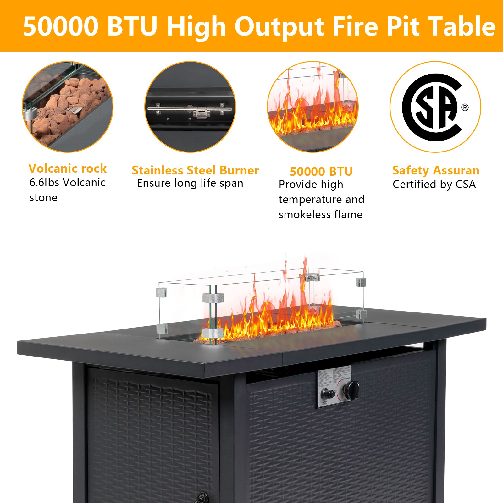 HAOYYE 43 Inch Outdoor Gas Fire Pit Table with 50000 BTU Propane Burner Volcanic Lava Rocks and Lid Modern Rectangular Firepit Table for Patio Deck Garden Backyard Heating in Black