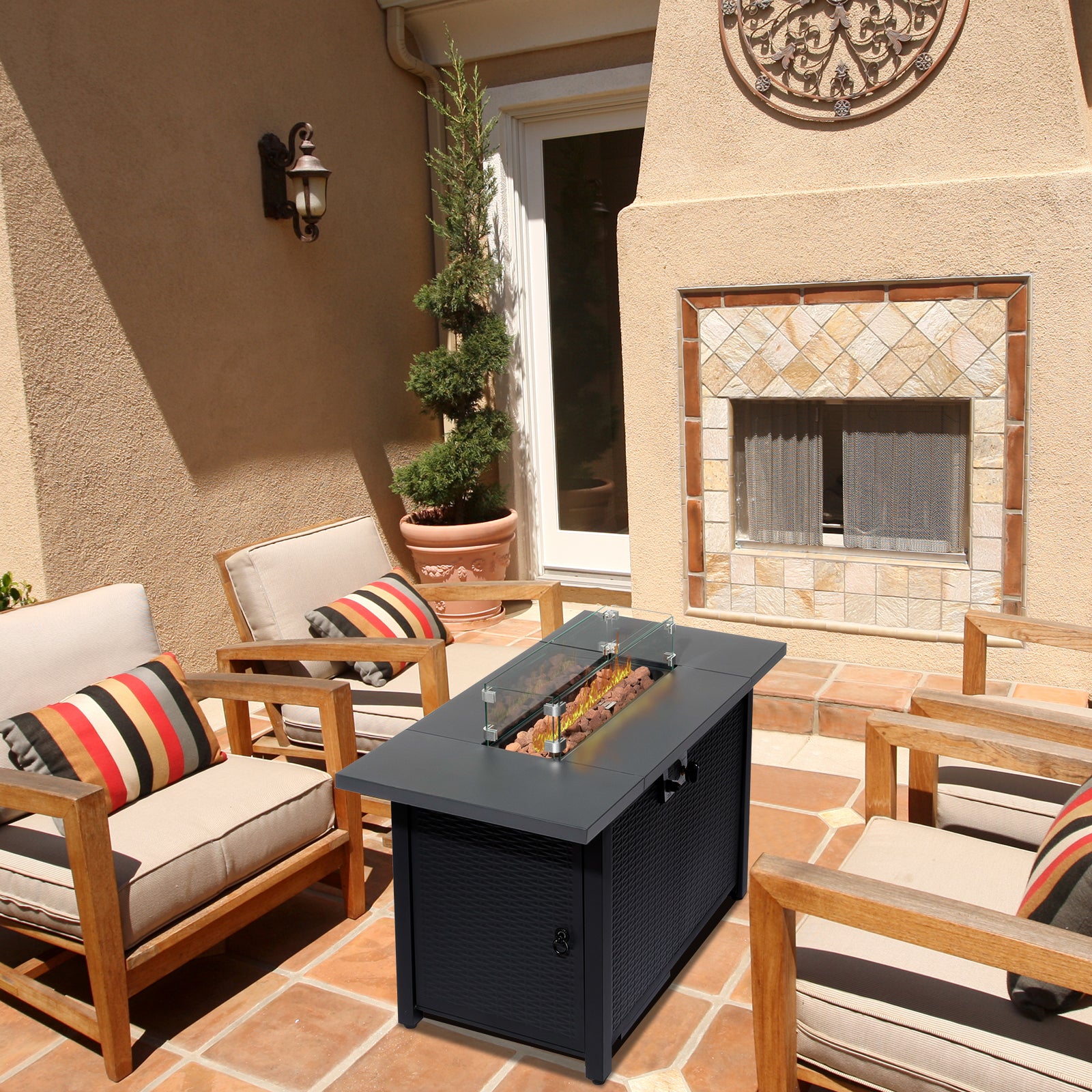 HAOYYE 43 Inch Outdoor Gas Fire Pit Table with 50000 BTU Propane Burner Volcanic Lava Rocks and Lid Modern Rectangular Firepit Table for Patio Deck Garden Backyard Heating in Black