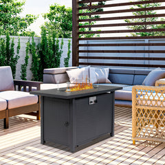 HAOYYE 43 Inch Outdoor Gas Fire Pit Table with 50000 BTU Propane Burner Volcanic Lava Rocks and Lid Modern Rectangular Firepit Table for Patio Deck Garden Backyard Heating in Black