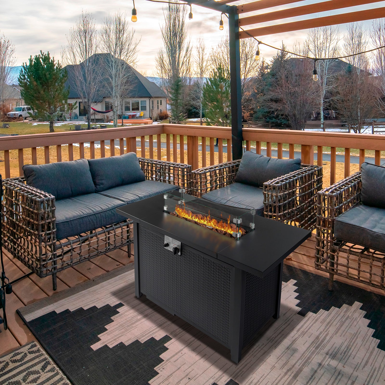 HAOYYE 43 Inch Outdoor Gas Fire Pit Table with 50000 BTU Propane Burner Volcanic Lava Rocks and Lid Modern Rectangular Firepit Table for Patio Deck Garden Backyard Heating in Black
