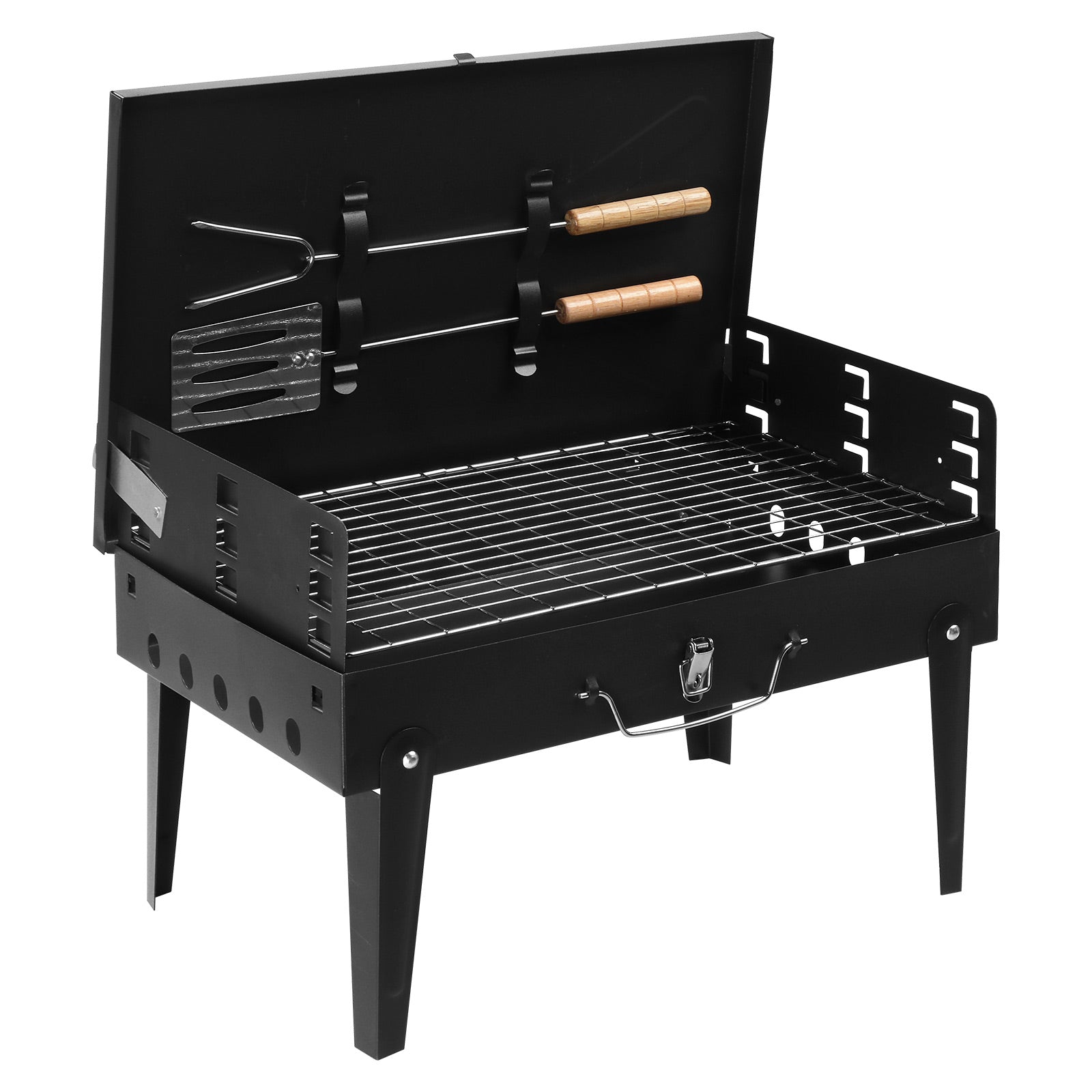 HAOYYE Portable Square Charcoal Grill with Lid and Adjustable Cooking Grid, Folding Tabletop BBQ Grill for Outdoor Cooking Camping Beach Picnic Parties, Durable Steel Body Easy to Carry