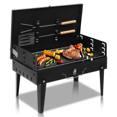 HAOYYE Portable Square Charcoal Grill with Lid and Adjustable Cooking Grid, Folding Tabletop BBQ Grill for Outdoor Cooking Camping Beach Picnic Parties, Durable Steel Body Easy to Carry