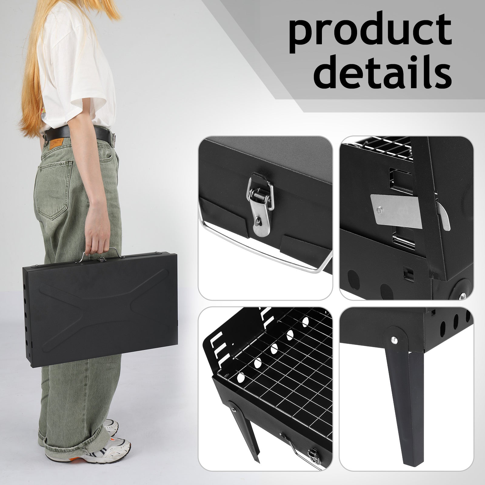 HAOYYE Portable Square Charcoal Grill with Lid and Adjustable Cooking Grid, Folding Tabletop BBQ Grill for Outdoor Cooking Camping Beach Picnic Parties, Durable Steel Body Easy to Carry