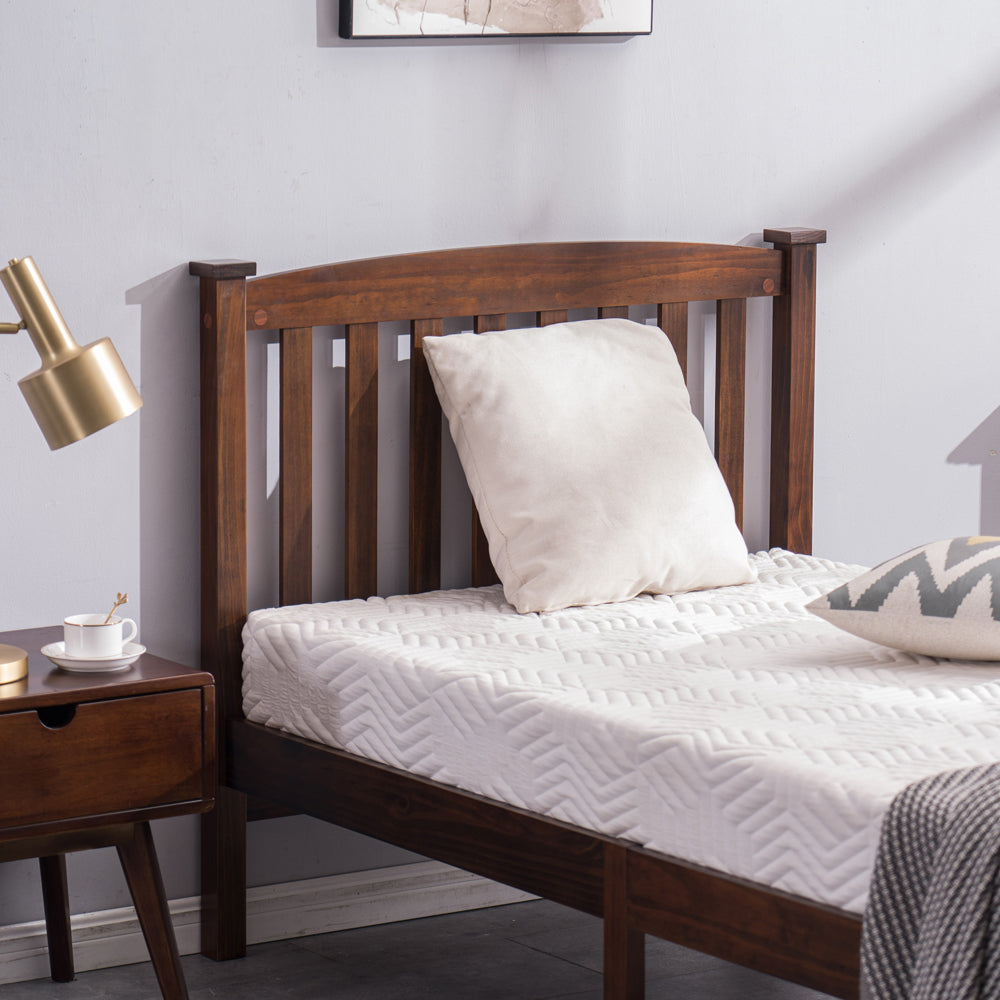 HAOYYE Walnut Twin Platform Bed Frame with Vertical Slat Headboard, Sturdy Wood Construction, No Box Spring Needed, Space-Saving Design, Durable Slats, Easy Assembly, Ideal for Kids, Teens, Adults, Guest Room, Apartment, Dorm