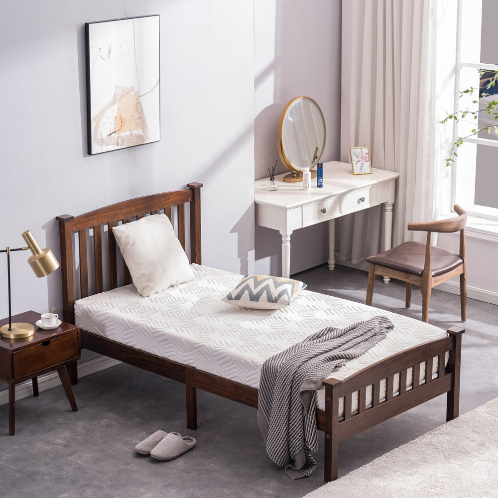 HAOYYE Walnut Twin Platform Bed Frame with Vertical Slat Headboard, Sturdy Wood Construction, No Box Spring Needed, Space-Saving Design, Durable Slats, Easy Assembly, Ideal for Kids, Teens, Adults, Guest Room, Apartment, Dorm