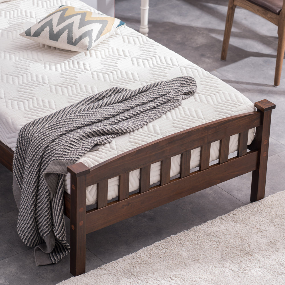 HAOYYE Walnut Twin Platform Bed Frame with Vertical Slat Headboard, Sturdy Wood Construction, No Box Spring Needed, Space-Saving Design, Durable Slats, Easy Assembly, Ideal for Kids, Teens, Adults, Guest Room, Apartment, Dorm