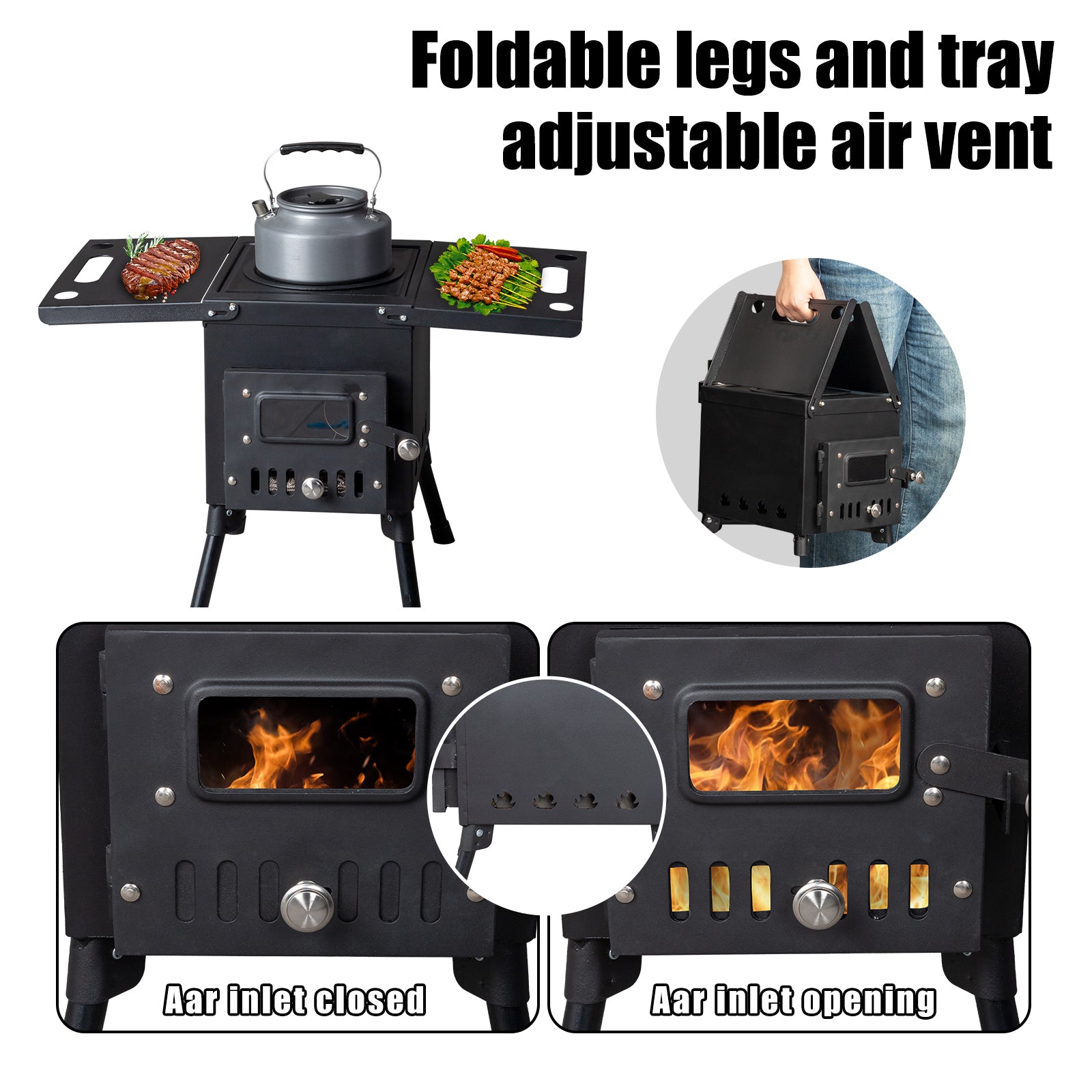 HAOYYE Portable Camping Wood Stove with Chimney Pipes, High-Temperature Resistant Carbon Steel, Foldable Design, Ideal for Outdoor Cooking and Heating, Perfect for Camping, Backpacking, and Hunting Trip