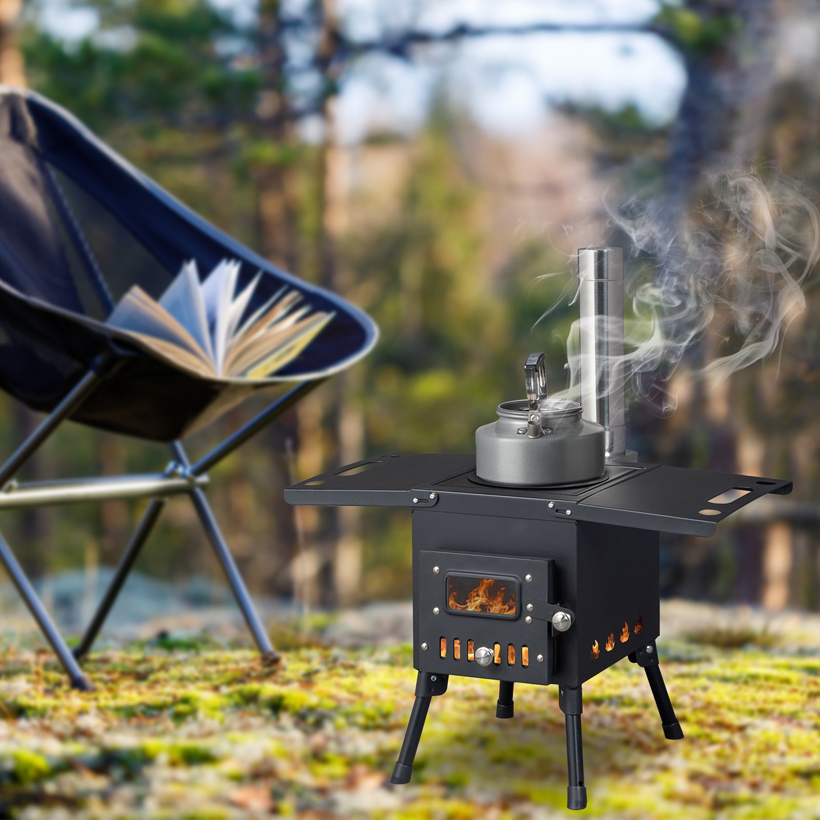 HAOYYE Portable Camping Wood Stove with Chimney Pipes, High-Temperature Resistant Carbon Steel, Foldable Design, Ideal for Outdoor Cooking and Heating, Perfect for Camping, Backpacking, and Hunting Trip