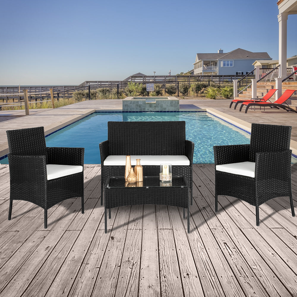 HAOYYE 2pcs Arm Chairs 1pc Loveseat and Tempered Glass Coffee Table Rattan Sofa Set, All-Weather PE Wicker Patio Conversation Furniture with Cushions for Balcony, Backyard, Deck
