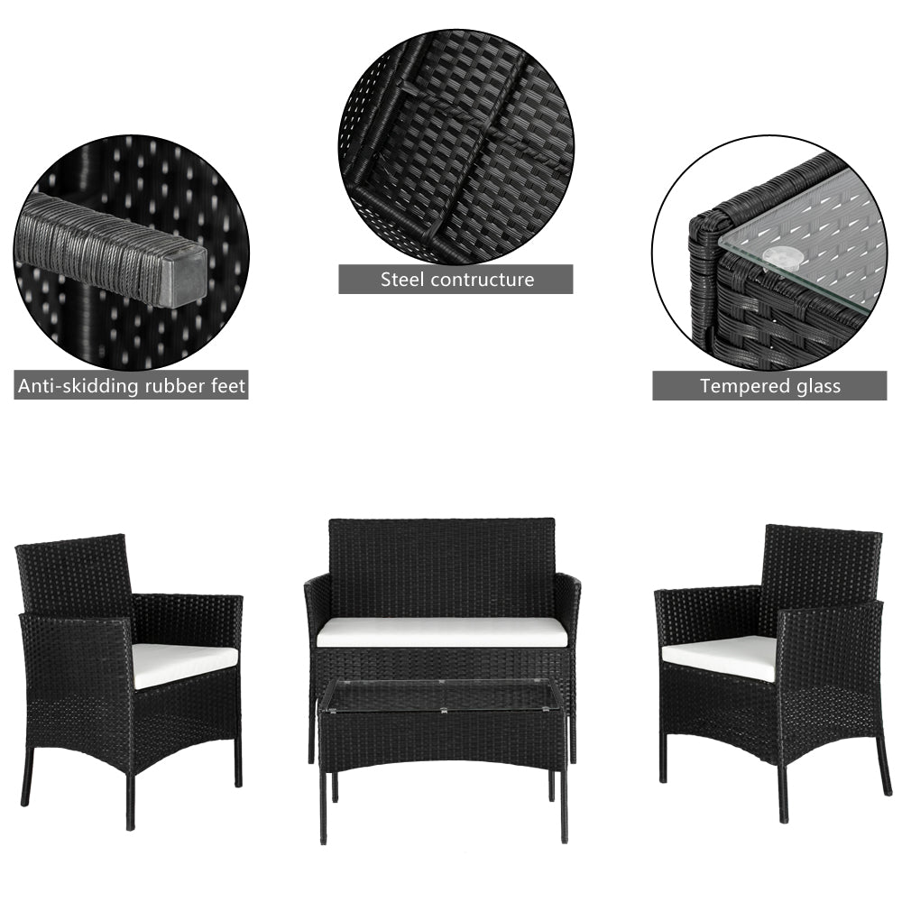 HAOYYE 2pcs Arm Chairs 1pc Loveseat and Tempered Glass Coffee Table Rattan Sofa Set, All-Weather PE Wicker Patio Conversation Furniture with Cushions for Balcony, Backyard, Deck