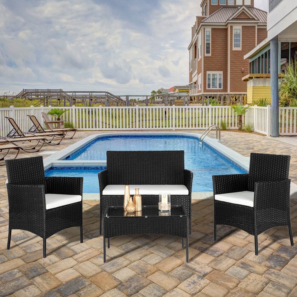 HAOYYE 2pcs Arm Chairs 1pc Loveseat and Tempered Glass Coffee Table Rattan Sofa Set, All-Weather PE Wicker Patio Conversation Furniture with Cushions for Balcony, Backyard, Deck