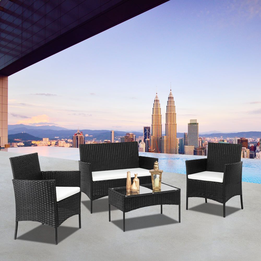 HAOYYE 2pcs Arm Chairs 1pc Loveseat and Tempered Glass Coffee Table Rattan Sofa Set, All-Weather PE Wicker Patio Conversation Furniture with Cushions for Balcony, Backyard, Deck