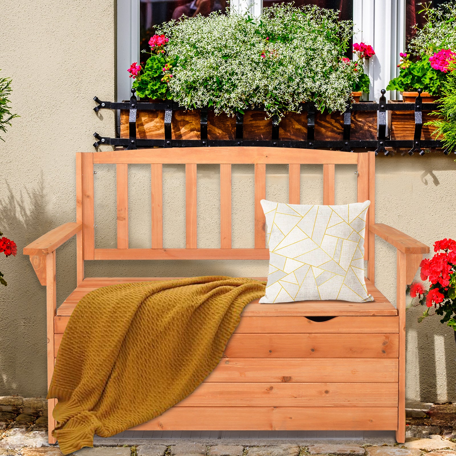 HAOYYE Outdoor Cedar Wood Yard Storage Box with Backrest and Armrest Waterproof Patio Bench Style Organizer for Garden Deck Porch Tools Cushions Easy Assembly