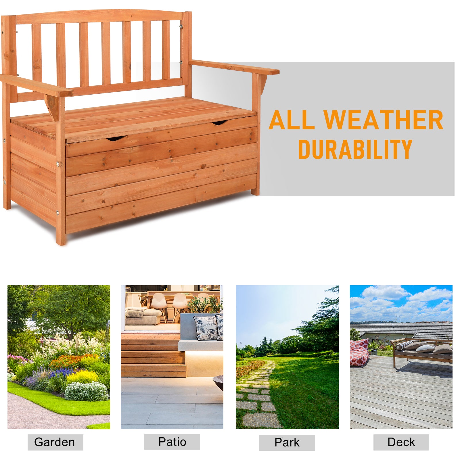 HAOYYE Outdoor Cedar Wood Yard Storage Box with Backrest and Armrest Waterproof Patio Bench Style Organizer for Garden Deck Porch Tools Cushions Easy Assembly