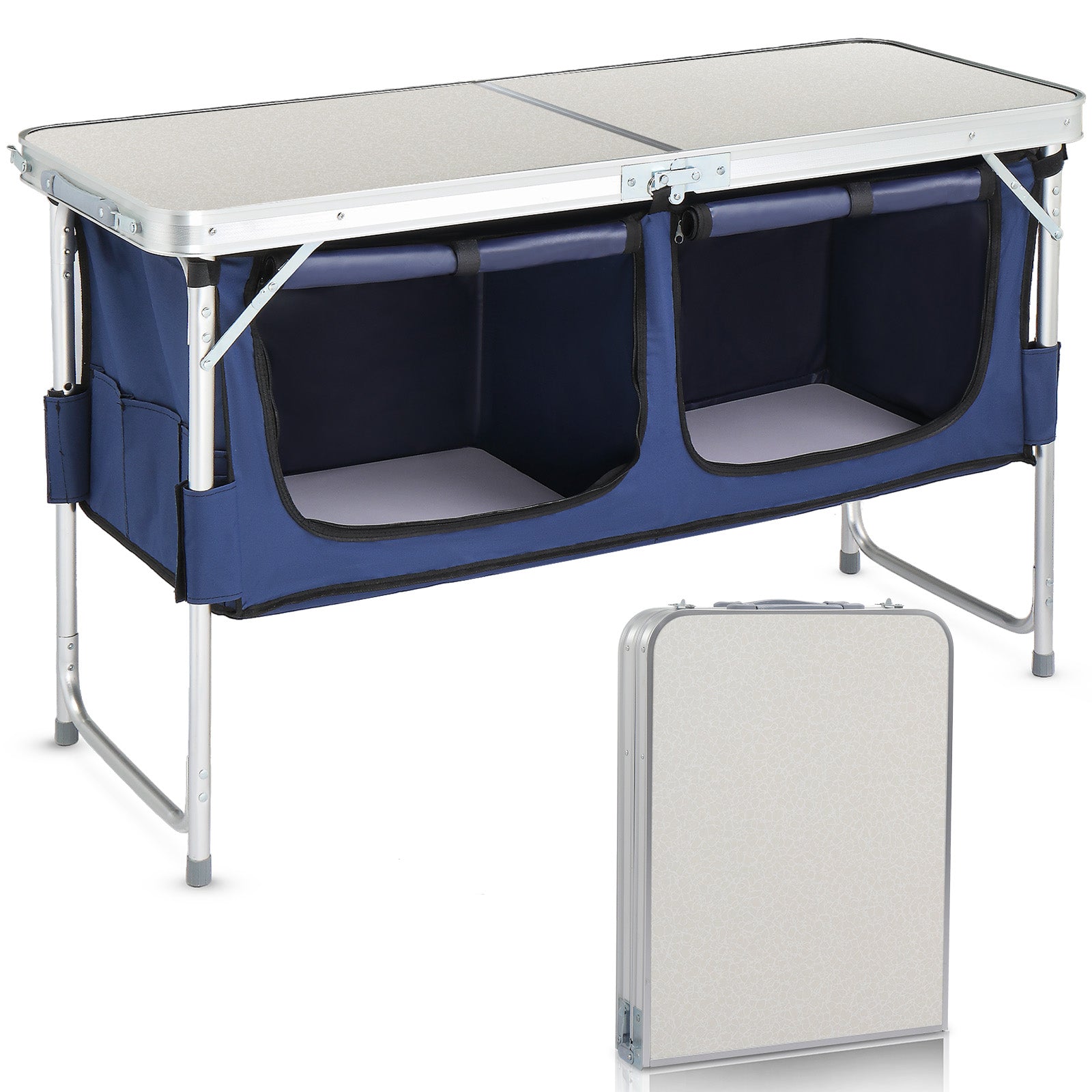 HAOYYE 4ft Folding Camping Table with Storage, Portable Aluminum Alloy Outdoor Table for Picnics, Camping, BBQs, and Family Reunions, Compact and Space-Saving with Large Storage Compartments
