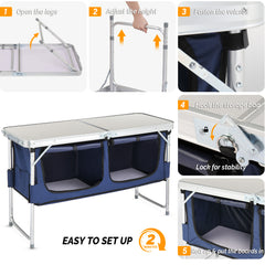 HAOYYE 4ft Folding Camping Table with Storage, Portable Aluminum Alloy Outdoor Table for Picnics, Camping, BBQs, and Family Reunions, Compact and Space-Saving with Large Storage Compartments