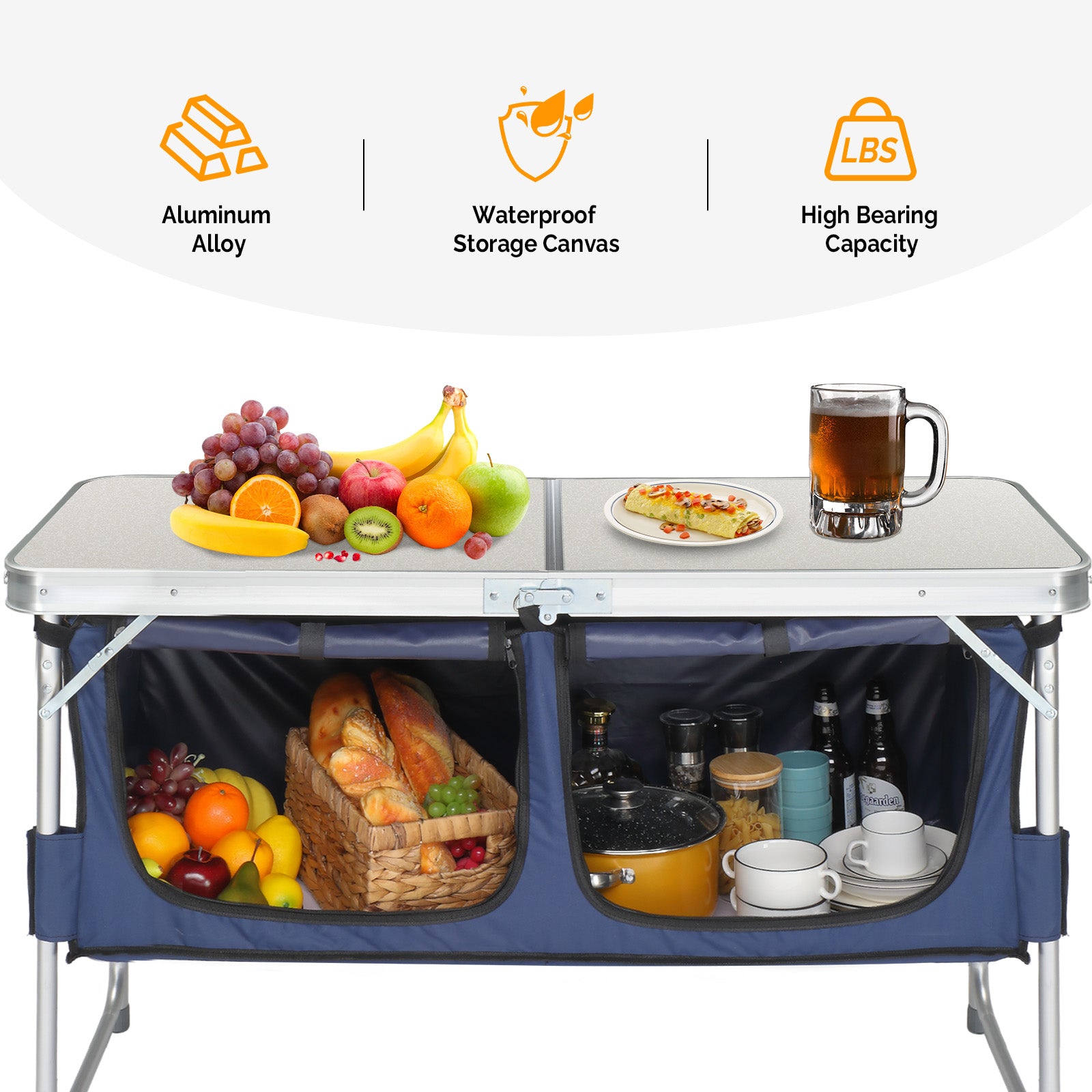 HAOYYE 4ft Folding Camping Table with Storage, Portable Aluminum Alloy Outdoor Table for Picnics, Camping, BBQs, and Family Reunions, Compact and Space-Saving with Large Storage Compartments