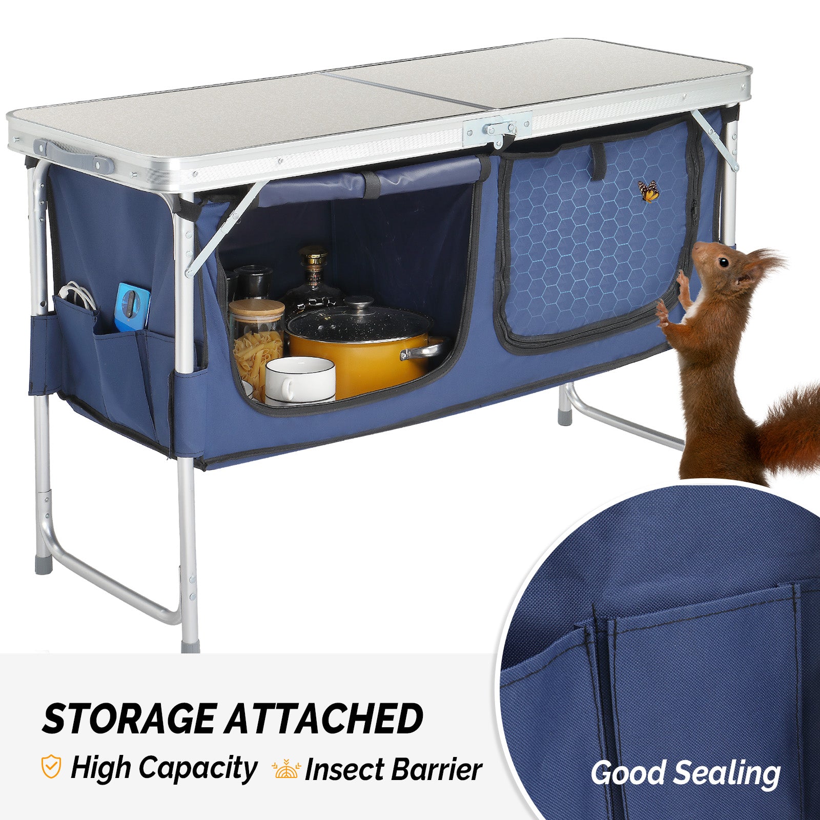 HAOYYE 4ft Folding Camping Table with Storage, Portable Aluminum Alloy Outdoor Table for Picnics, Camping, BBQs, and Family Reunions, Compact and Space-Saving with Large Storage Compartments
