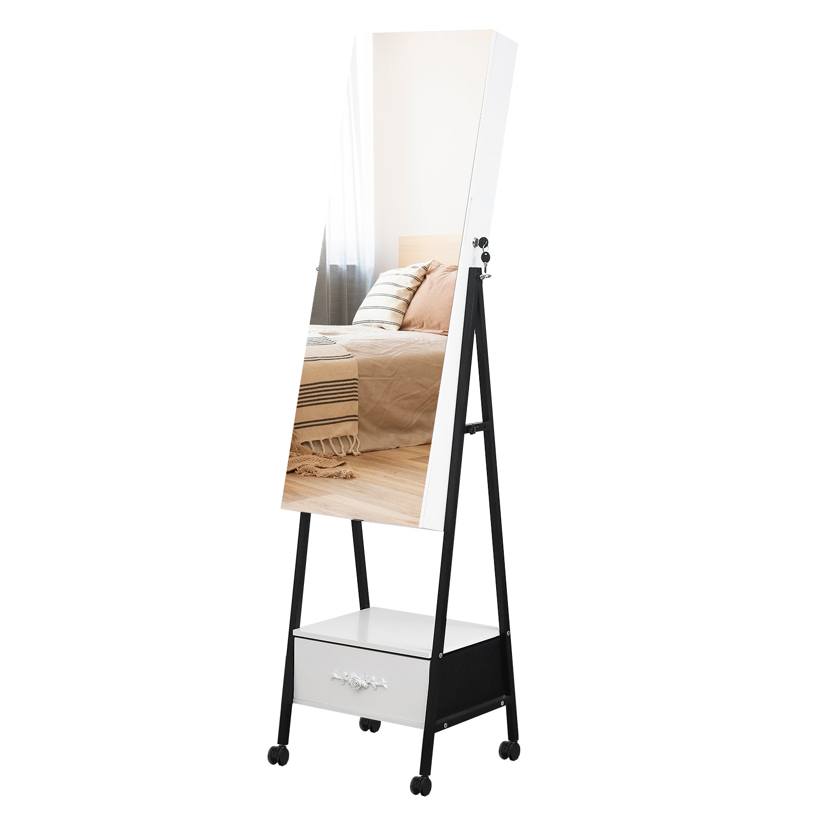 HAOYYE Full Length Mirror Jewelry Cabinet with LED Light Beads Wooden Floor Standing Style with Large Drawer and 4 Rolling Wheels Lockable Jewelry Organizer Mirror Armoire for Bedroom Living Room White