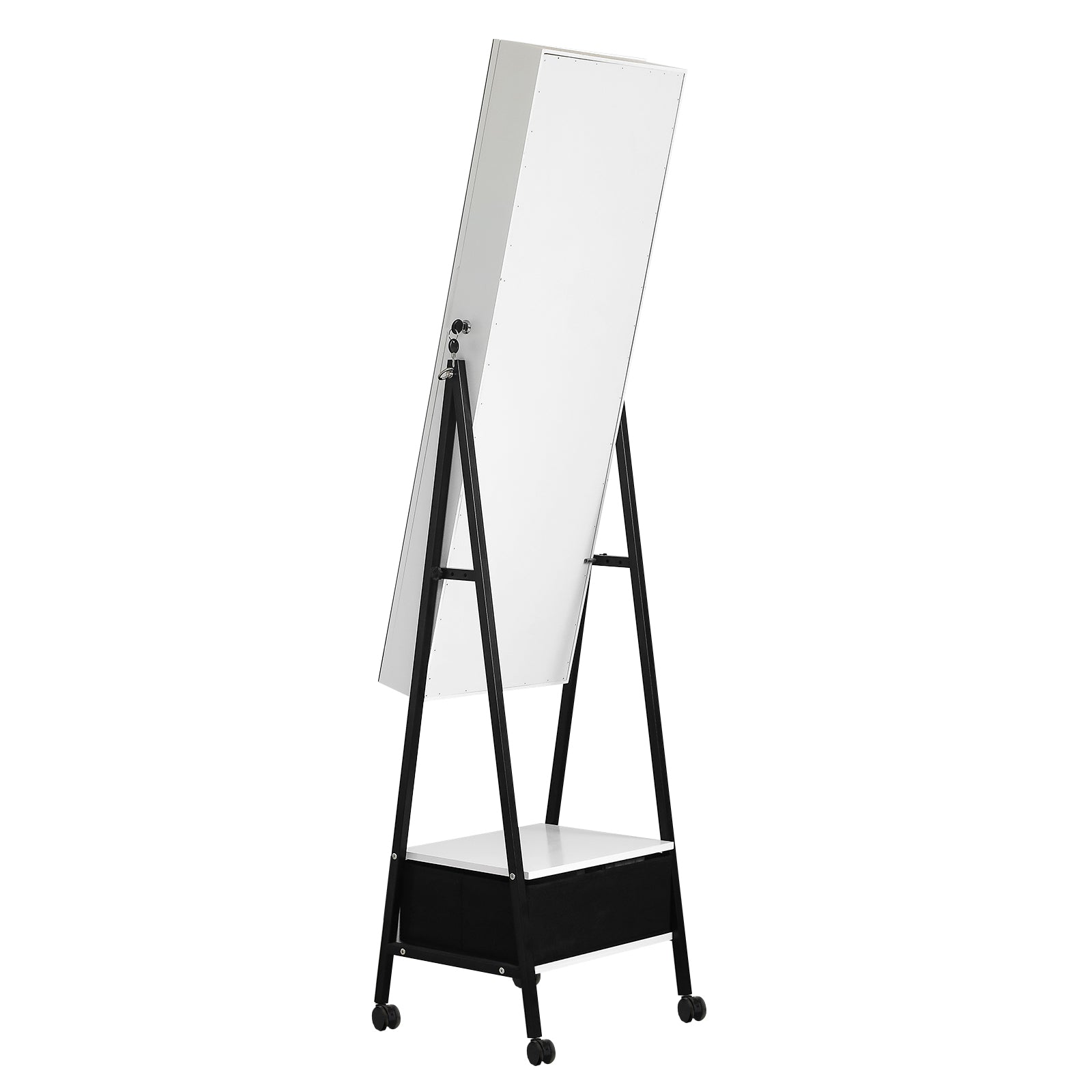 HAOYYE Full Length Mirror Jewelry Cabinet with LED Light Beads Wooden Floor Standing Style with Large Drawer and 4 Rolling Wheels Lockable Jewelry Organizer Mirror Armoire for Bedroom Living Room White