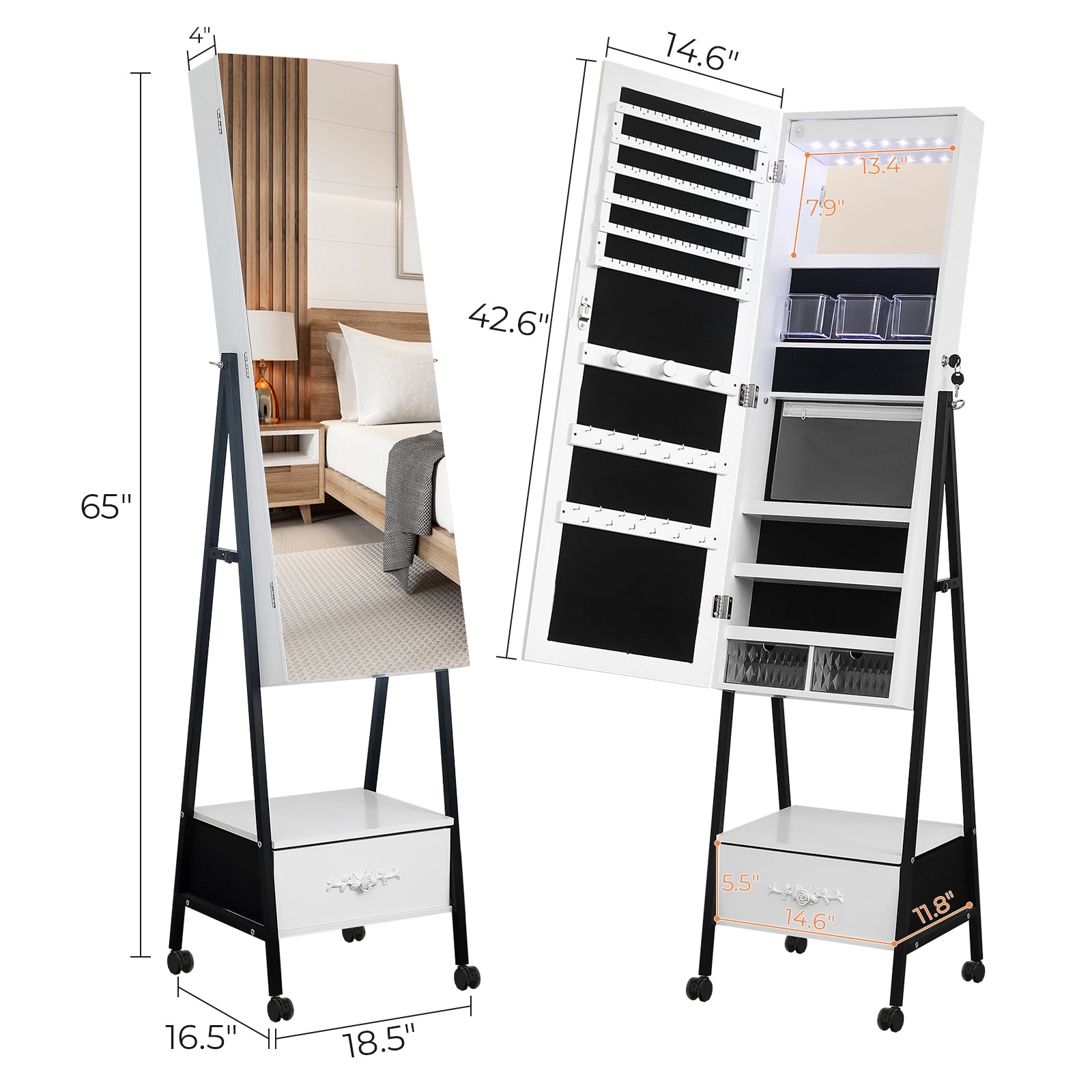 HAOYYE Full Length Mirror Jewelry Cabinet with LED Light Beads Wooden Floor Standing Style with Large Drawer and 4 Rolling Wheels Lockable Jewelry Organizer Mirror Armoire for Bedroom Living Room White