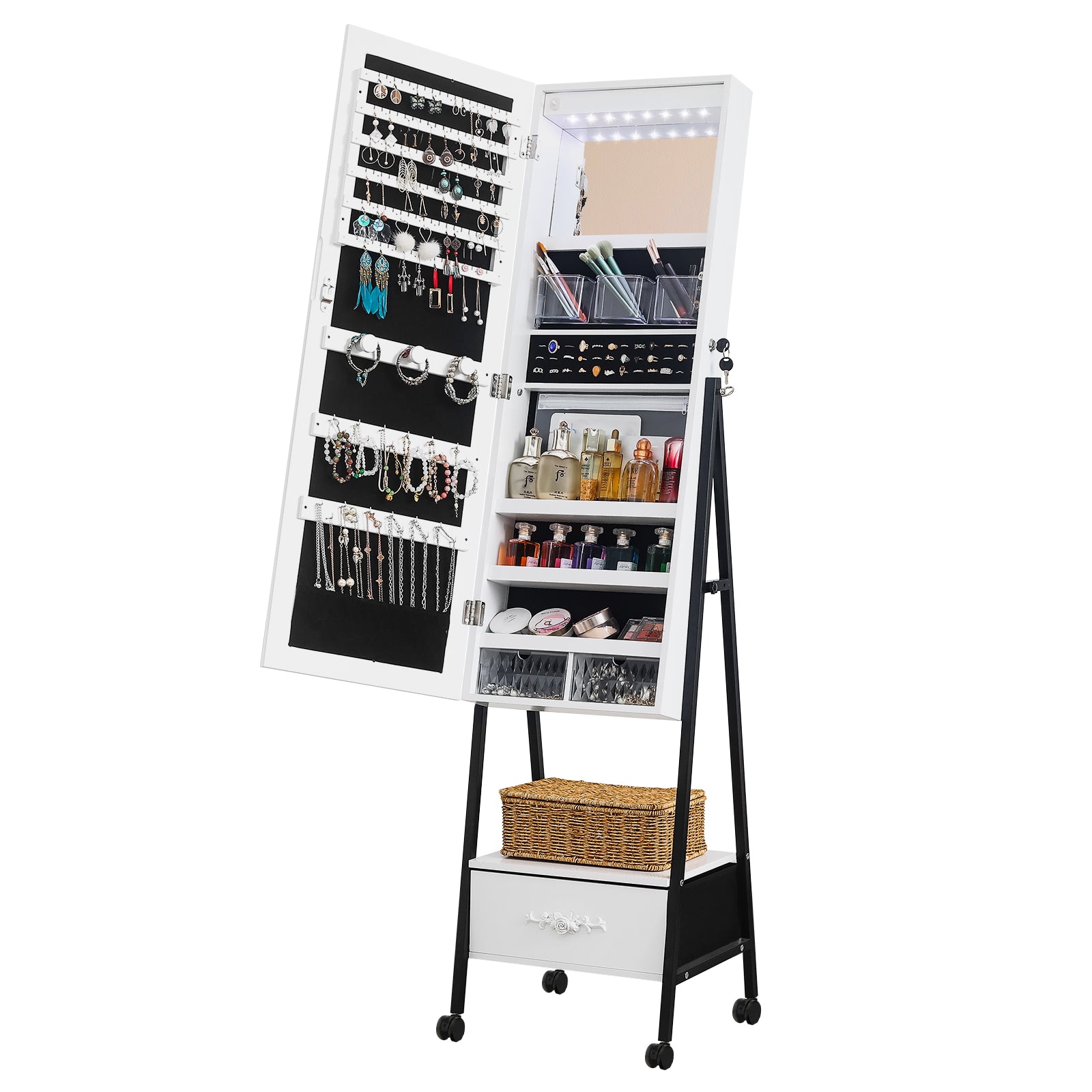 HAOYYE Full Length Mirror Jewelry Cabinet with LED Light Beads Wooden Floor Standing Style with Large Drawer and 4 Rolling Wheels Lockable Jewelry Organizer Mirror Armoire for Bedroom Living Room White