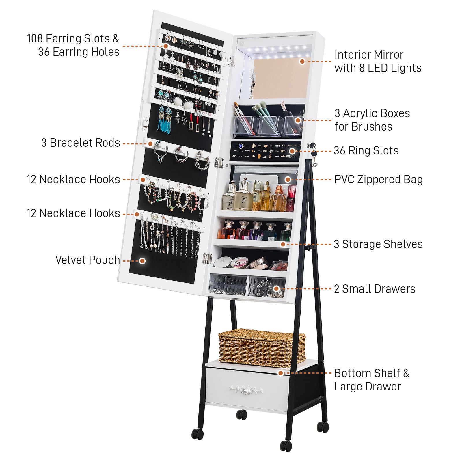 HAOYYE Full Length Mirror Jewelry Cabinet with LED Light Beads Wooden Floor Standing Style with Large Drawer and 4 Rolling Wheels Lockable Jewelry Organizer Mirror Armoire for Bedroom Living Room White