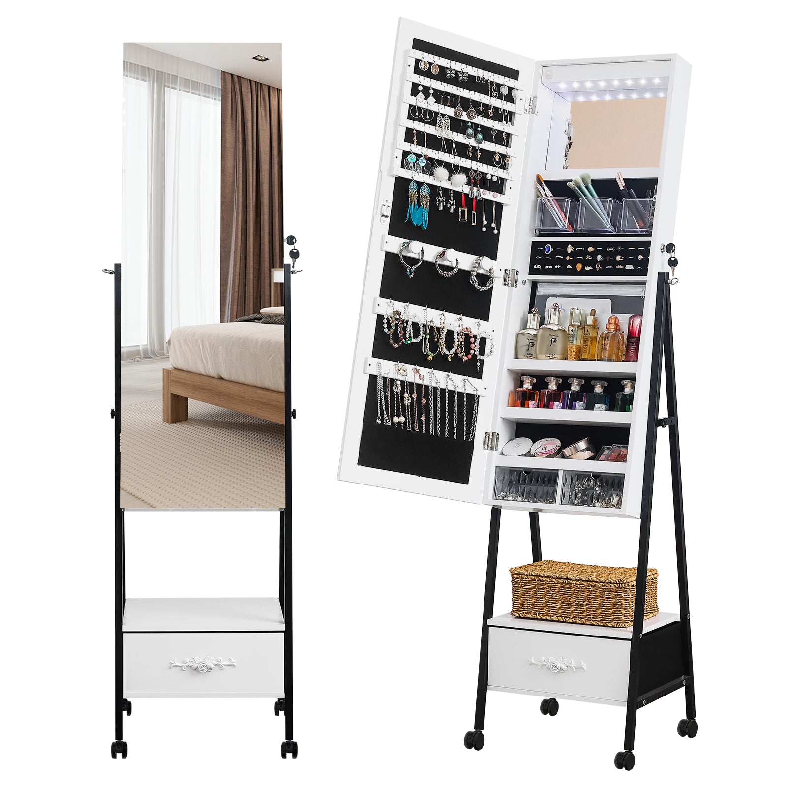 HAOYYE Full Length Mirror Jewelry Cabinet with LED Light Beads Wooden Floor Standing Style with Large Drawer and 4 Rolling Wheels Lockable Jewelry Organizer Mirror Armoire for Bedroom Living Room White