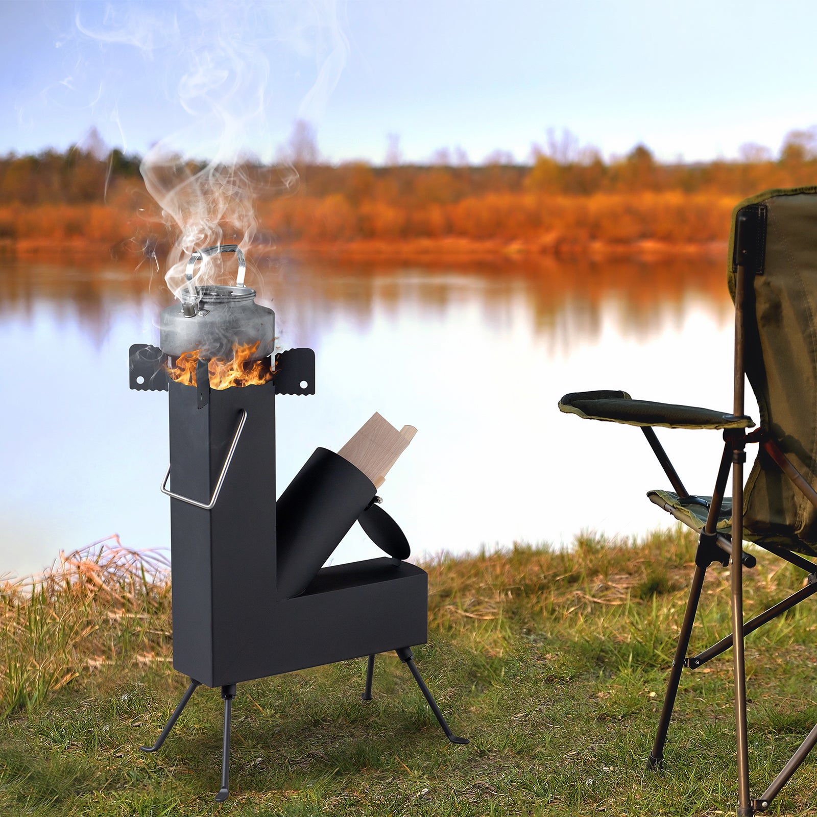 HAOYYE Camping Rocket Stove, Portable Outdoor Wood-Fueled Stove for Hiking, Hunting, and Outdoor Cooking, Durable Steel Construction with Adjustable Legs, High Fuel Efficiency for Efficient Cooking and Easy Transport