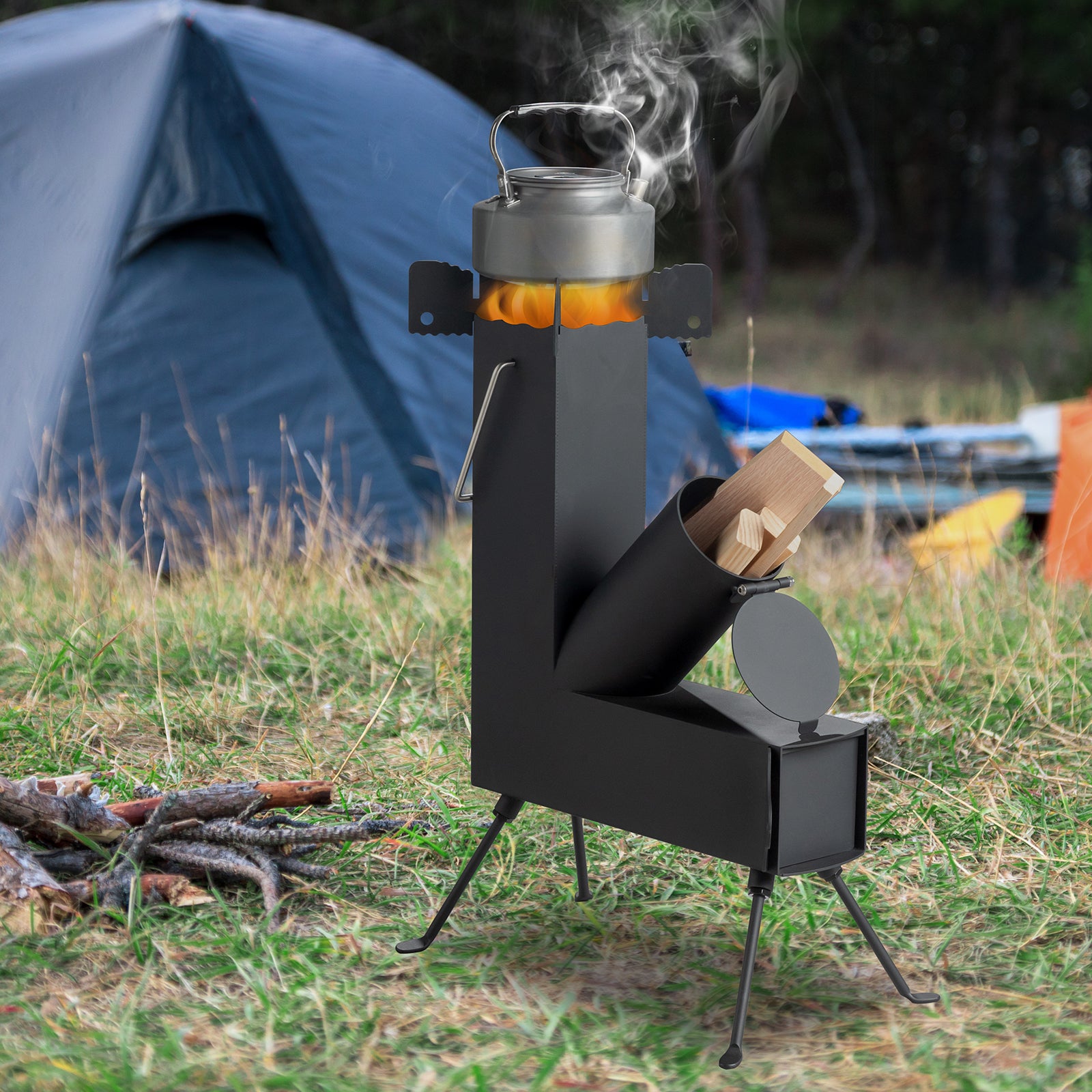 HAOYYE Camping Rocket Stove, Portable Outdoor Wood-Fueled Stove for Hiking, Hunting, and Outdoor Cooking, Durable Steel Construction with Adjustable Legs, High Fuel Efficiency for Efficient Cooking and Easy Transport