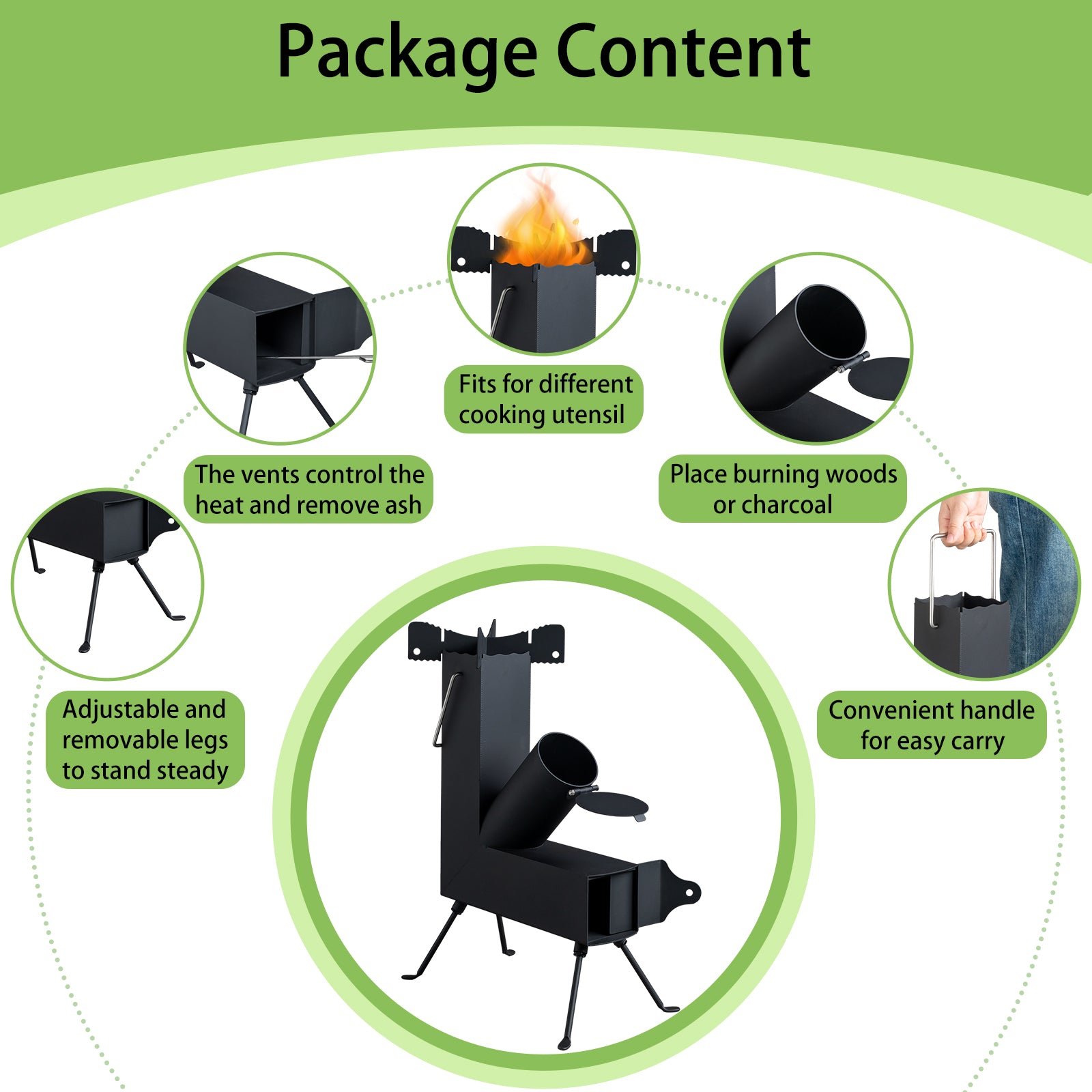 HAOYYE Camping Rocket Stove, Portable Outdoor Wood-Fueled Stove for Hiking, Hunting, and Outdoor Cooking, Durable Steel Construction with Adjustable Legs, High Fuel Efficiency for Efficient Cooking and Easy Transport