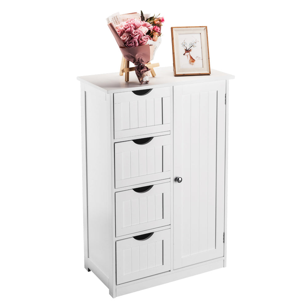 HAOYYE Single Door Bathroom Storage Cabinet with 4 Drawers, White, Sturdy Design, Durable, Multifunctional Modern Home Organizer, Practical, Stylish Space-Saving Solution for Living Room, Bathroom, Kitchen