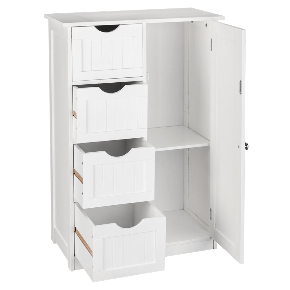 HAOYYE Single Door Bathroom Storage Cabinet with 4 Drawers, White, Sturdy Design, Durable, Multifunctional Modern Home Organizer, Practical, Stylish Space-Saving Solution for Living Room, Bathroom, Kitchen
