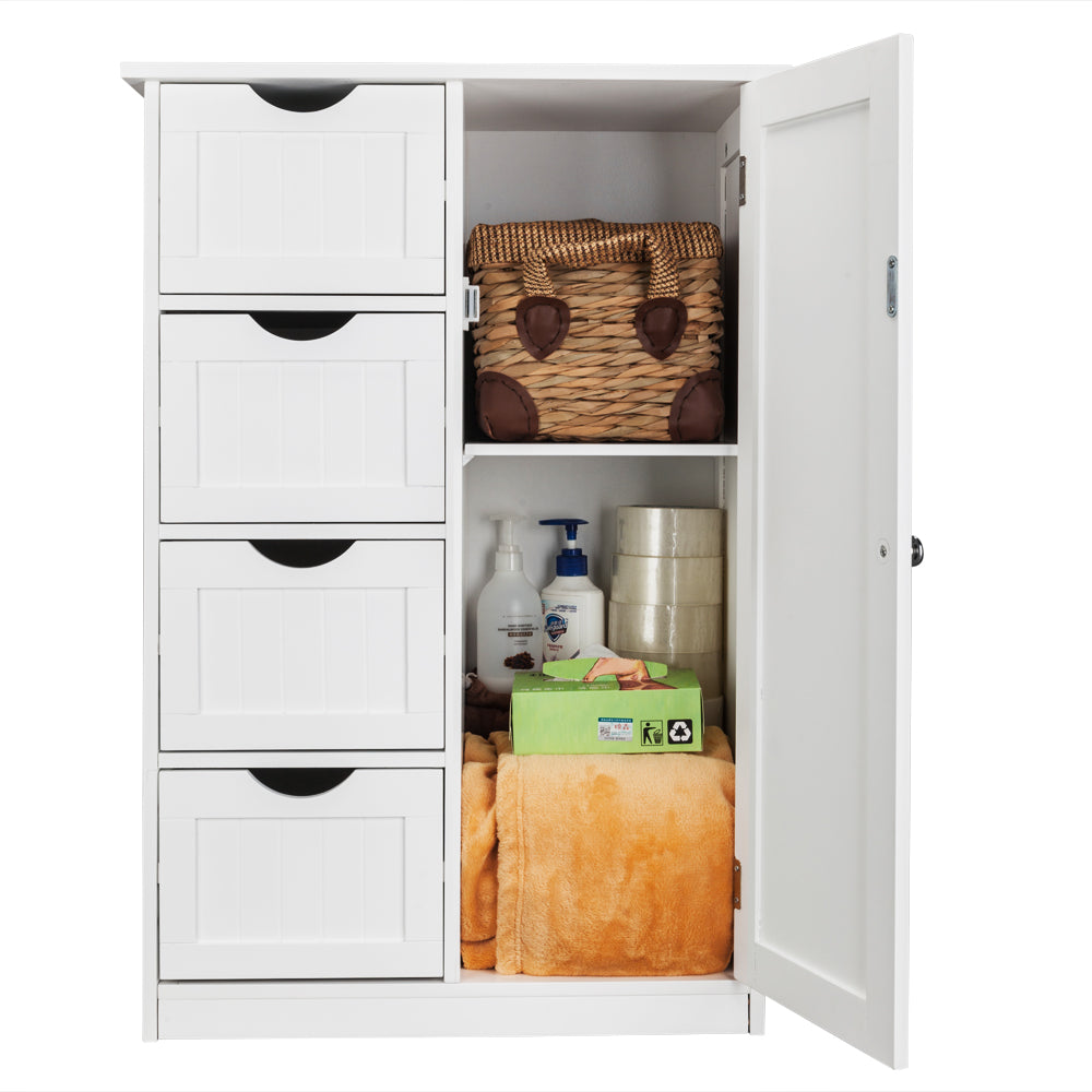 HAOYYE Single Door Bathroom Storage Cabinet with 4 Drawers, White, Sturdy Design, Durable, Multifunctional Modern Home Organizer, Practical, Stylish Space-Saving Solution for Living Room, Bathroom, Kitchen